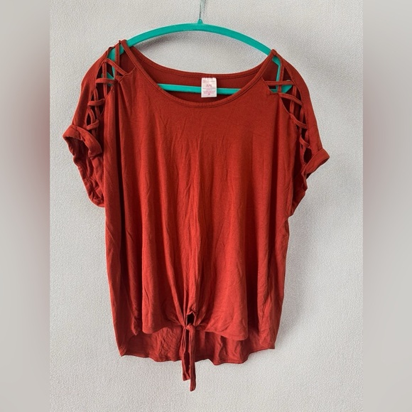 Flowy Burnt Orange Cut Out Shoulder Hi-Low Shirt - Picture 1 of 6